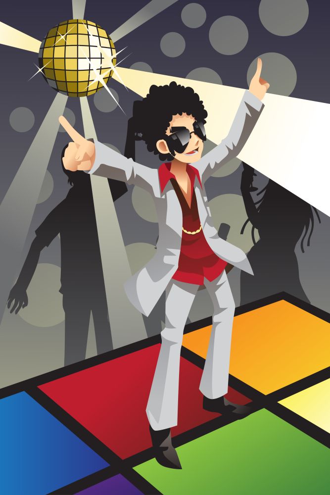 A vector illustration of a man dancing disco on the dance floor