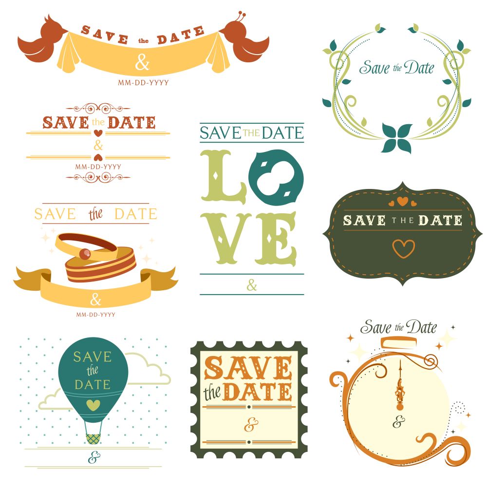 A vector illustration of a collection of save the date tag