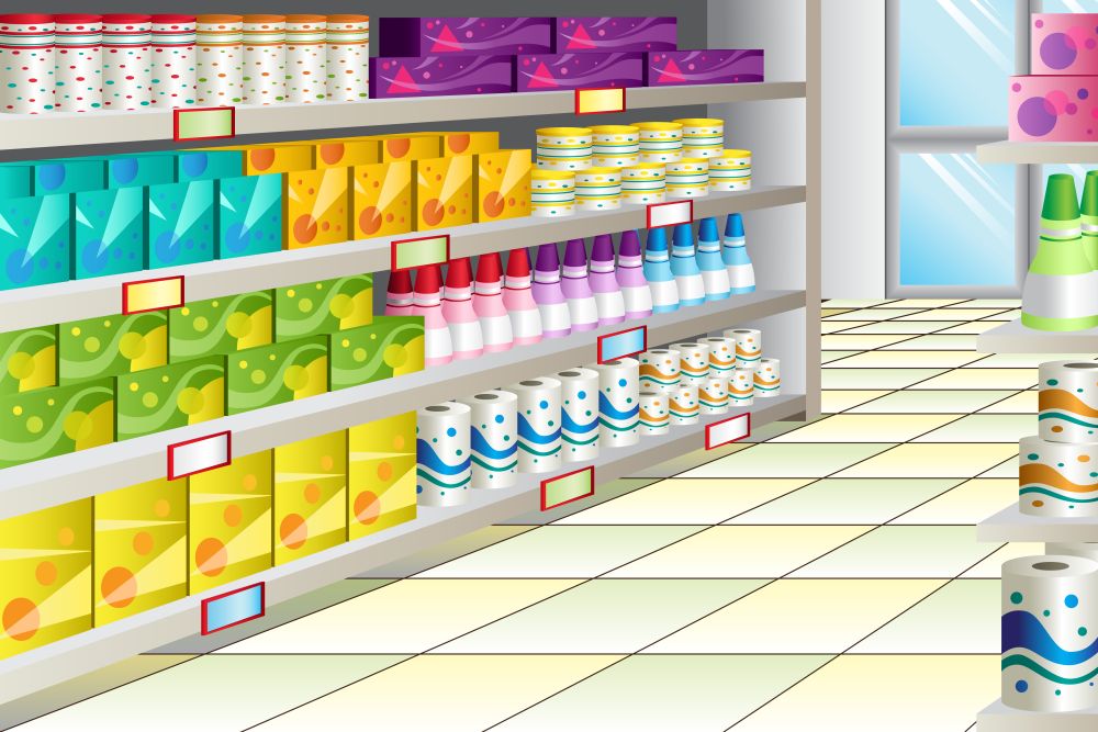 A vector illustration of grocery store aisle