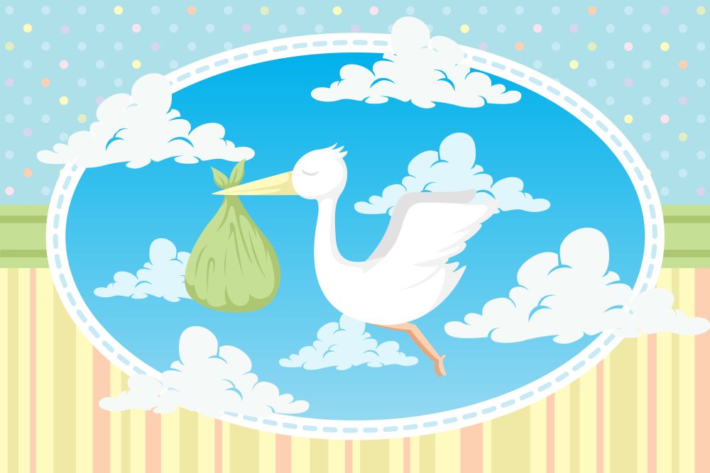 A vector illustration of a stork carrying a baby in a bundle
