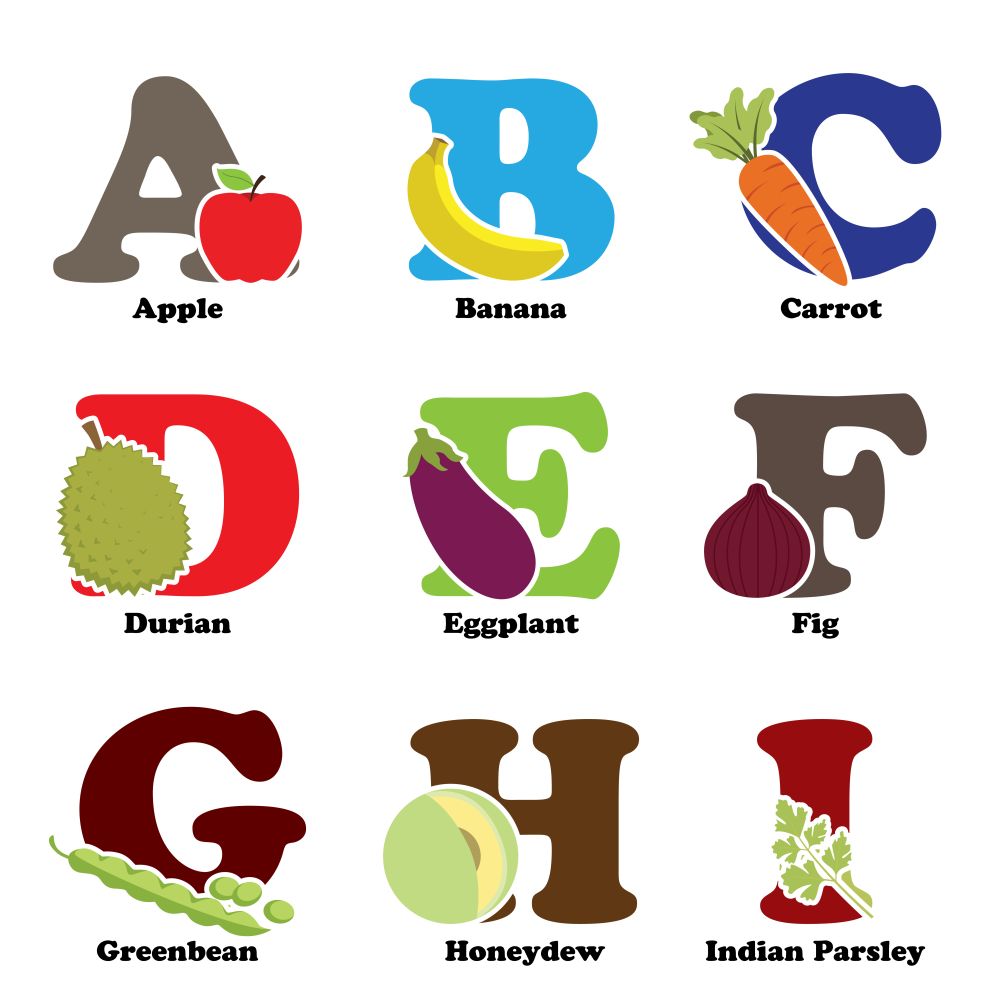 A vector illustration of fruit and vegetables in alphabetical order from A to I