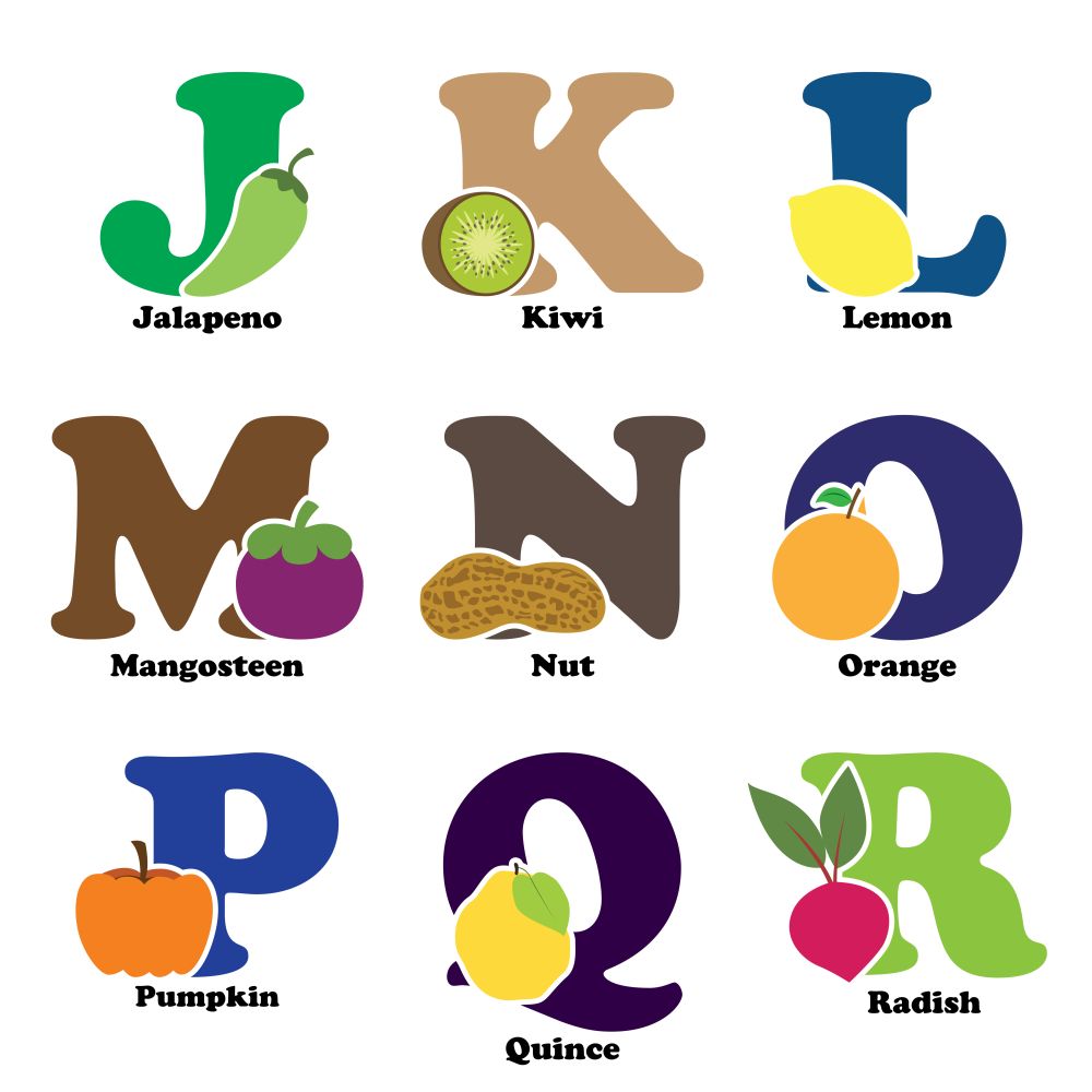 A vector illustration of fruit and vegetables in alphabetical order from J to R