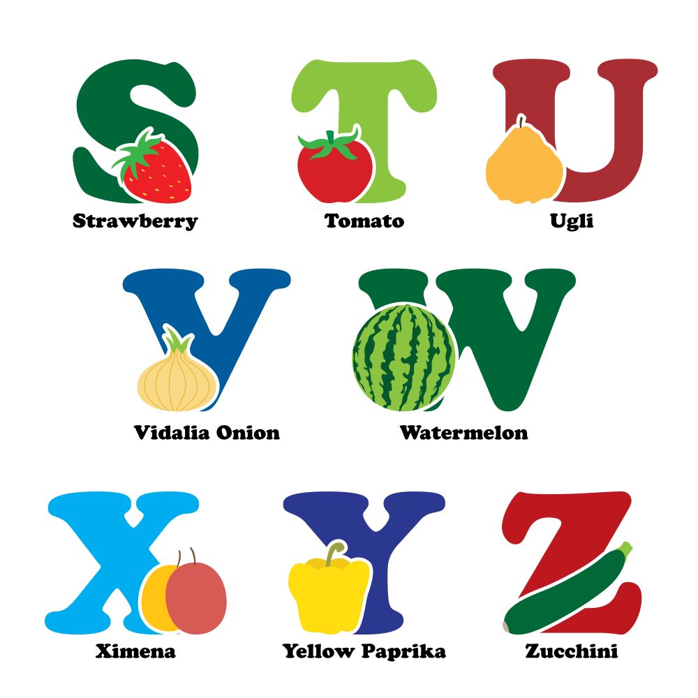 A vector illustration of fruit and vegetables in alphabetical order from S to Z