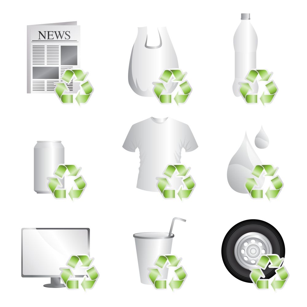 A vector illustration of different items that can be recycled