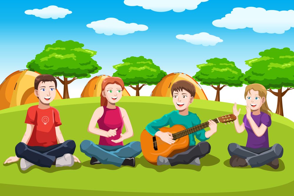 A vector illustration of teens playing music in the park