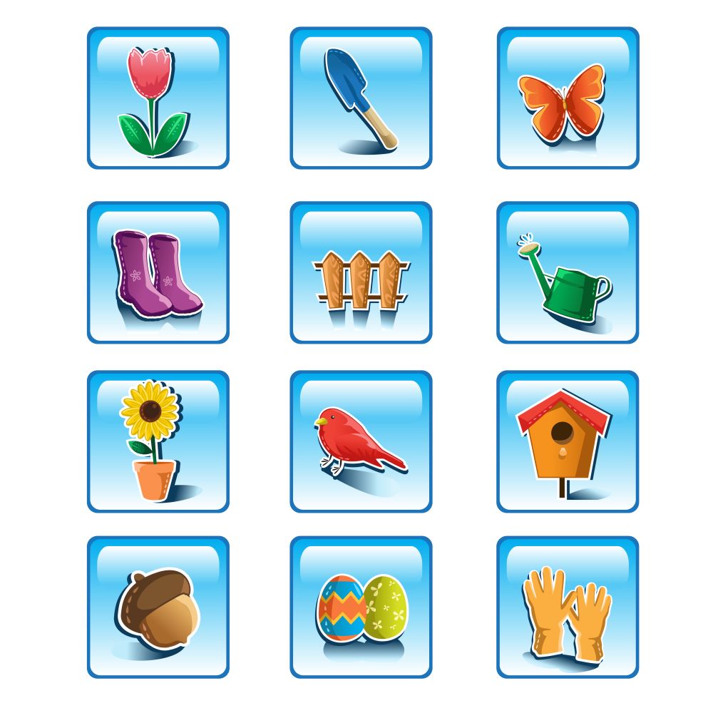A vector illustration of colorful spring gardening icon sets