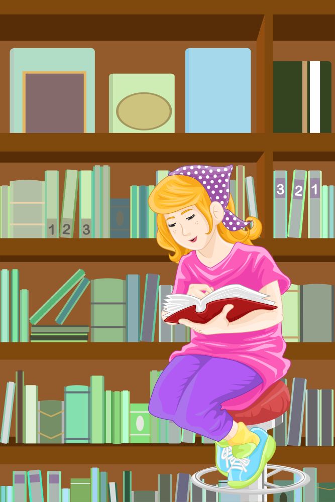 A vector illustration of a girl studying in the library