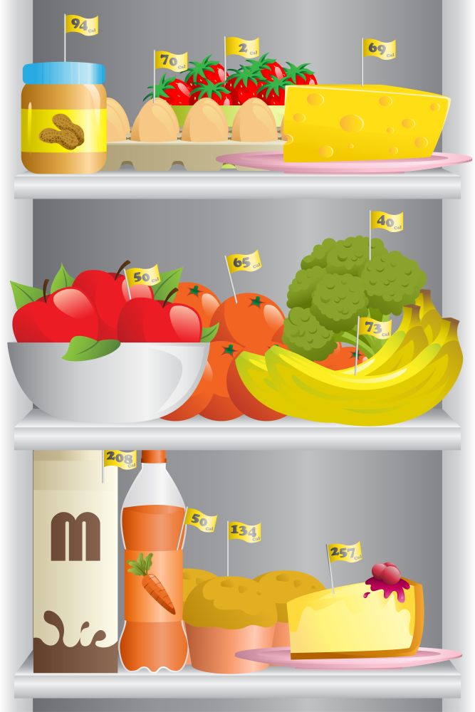 A vector illustration of different food in a refrigerator with the calorie counts