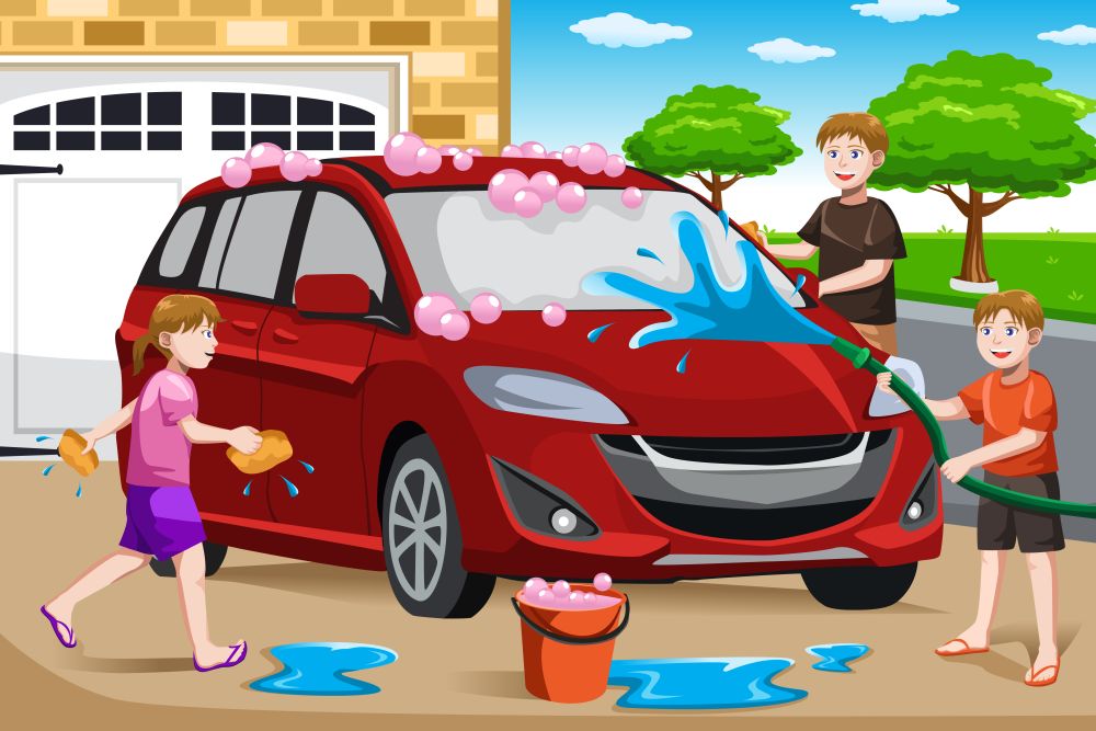 A vector illustration of happy kids helping their father washing car