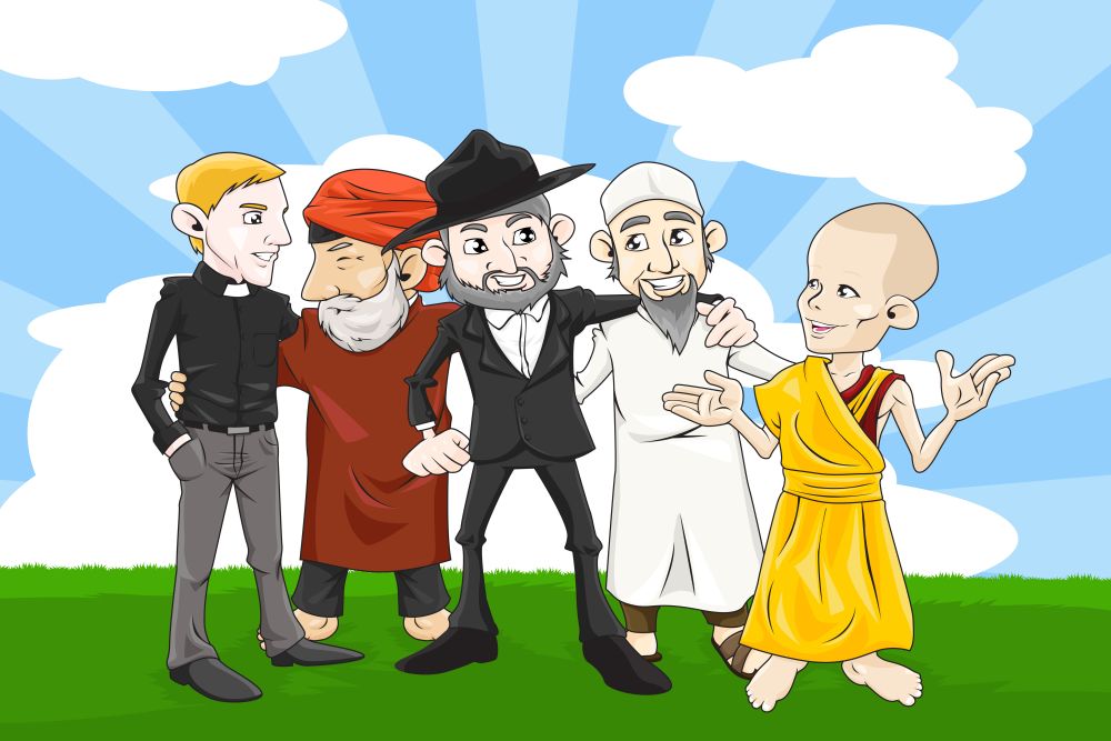 A vector illustration of people from different religions holding hands together