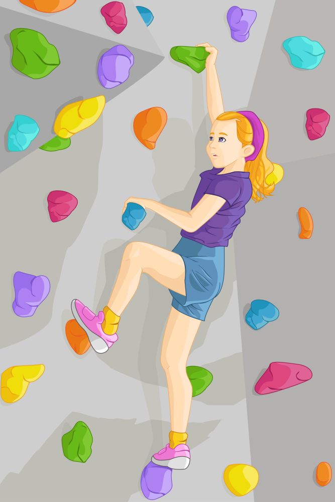 A vector illustration of young girl climbing indoor wall