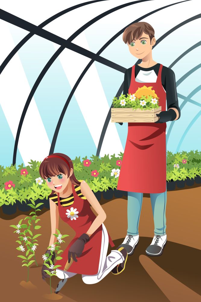 A vector illustration of people planting in a greenhouse
