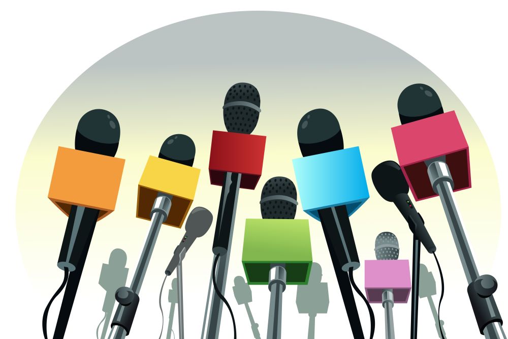 A vector illustration of colorful microphones on the podium with copy space