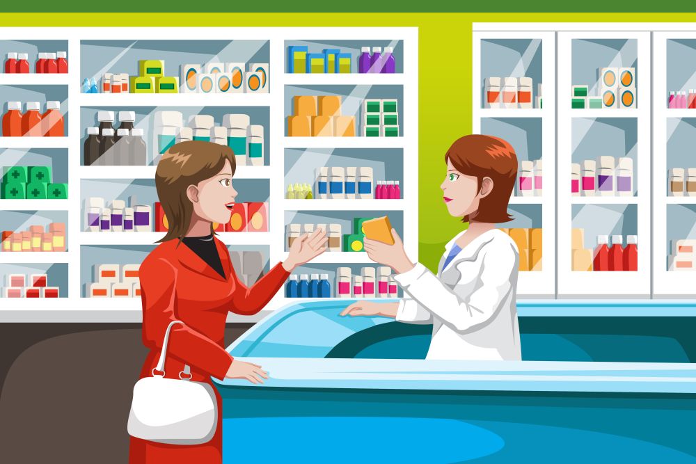A vector illustration of woman buying medicine in a pharmacy