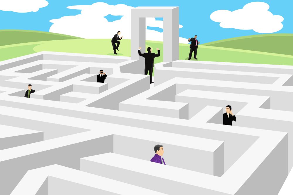 A vector illustration of a group of business people looking for a way out from labyrinth