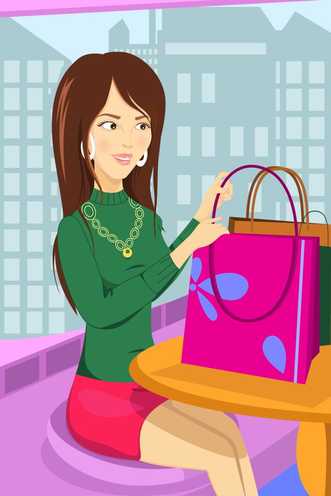 A vector illustration of a shopping woman sitting at a cafe