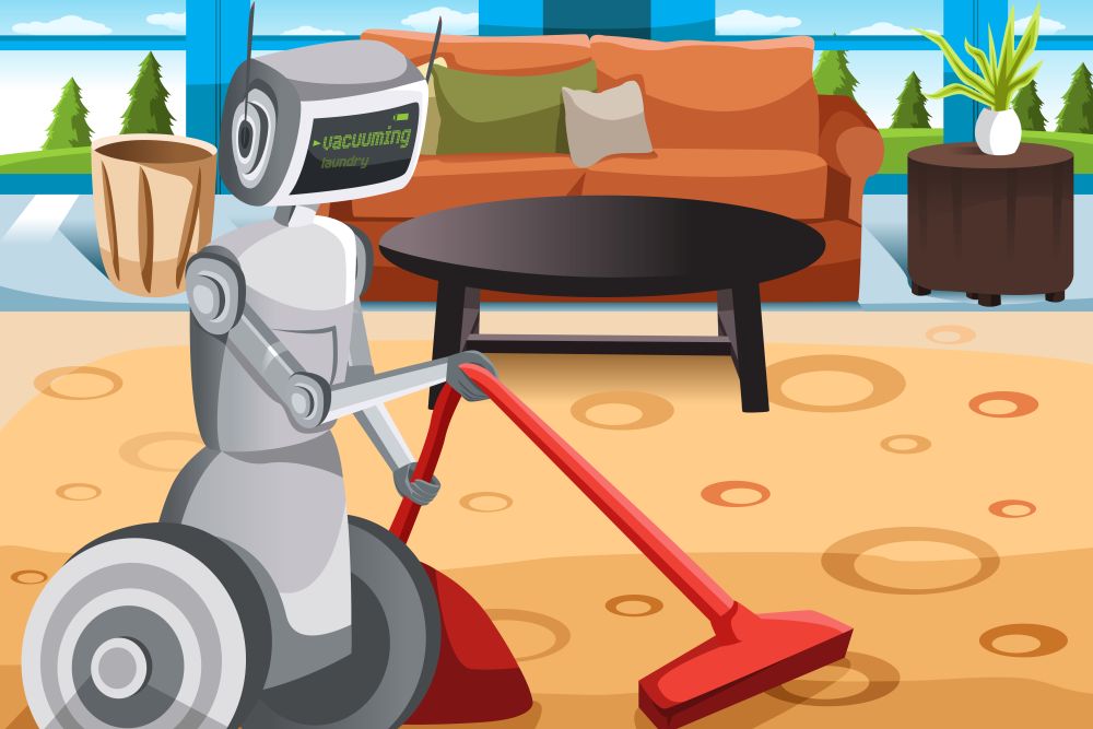 A vector illustration of a robot vacuuming carpet