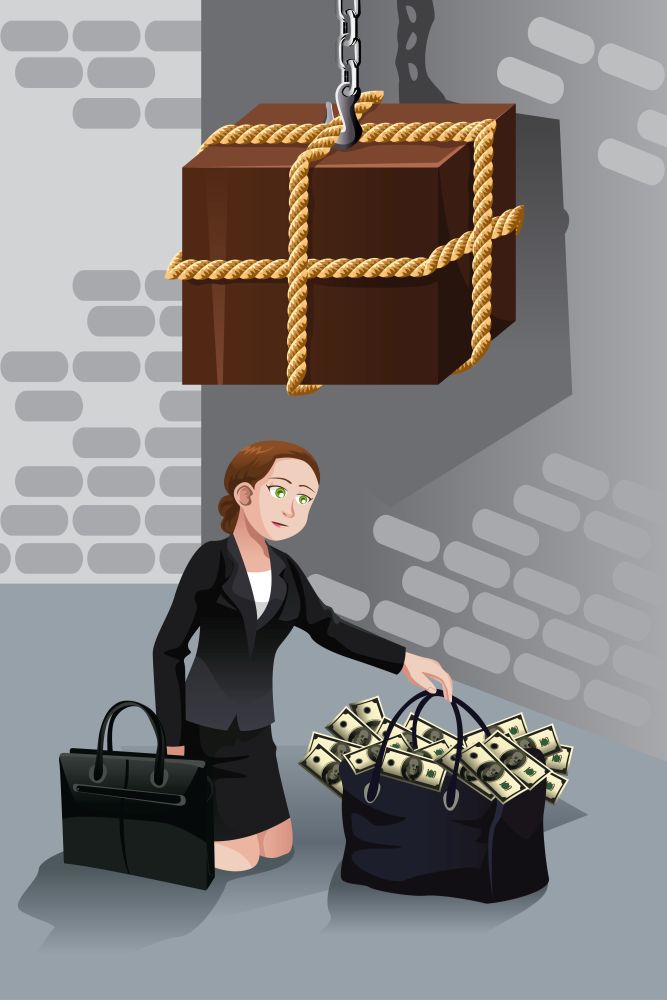 A vector illustration of business risk concept where a businesswoman trying to  take bag full of money