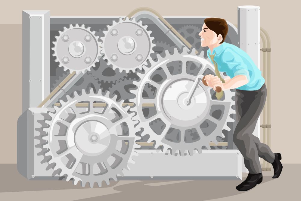 A vector illustration of businessman pushing the gear of a machine