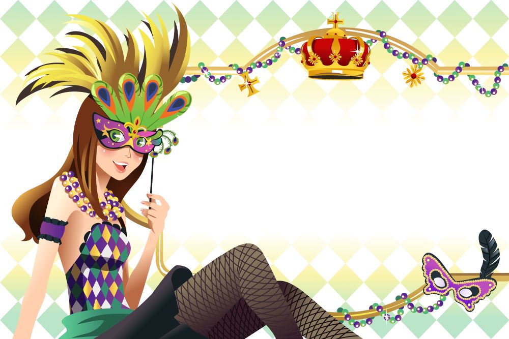 A vector illustration of young girl holding mardi gras mask with copy space