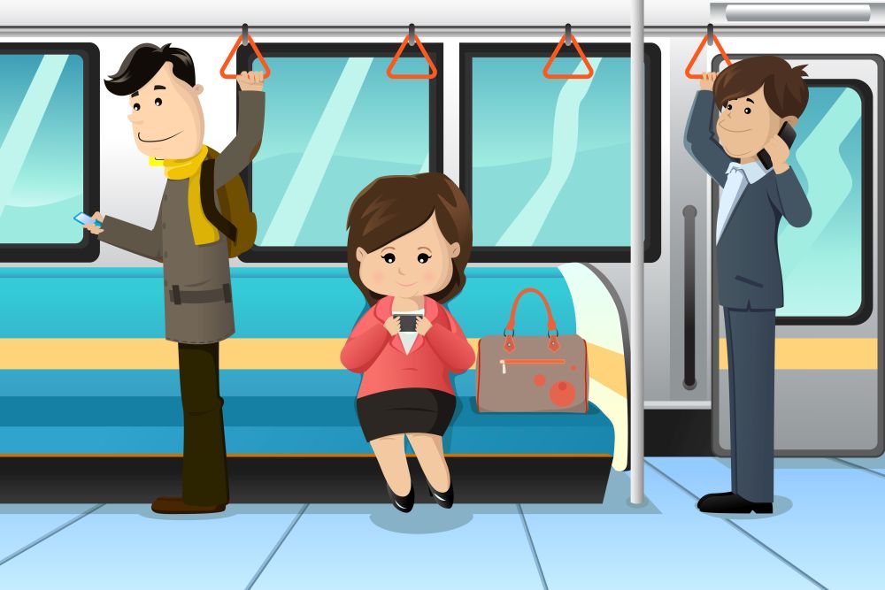 A vector illustration of peoples using cell phones in a train