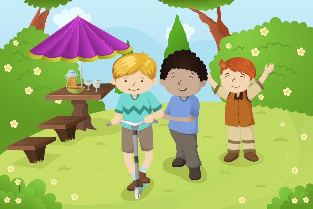 A vector illustration of happy boys playing in a park