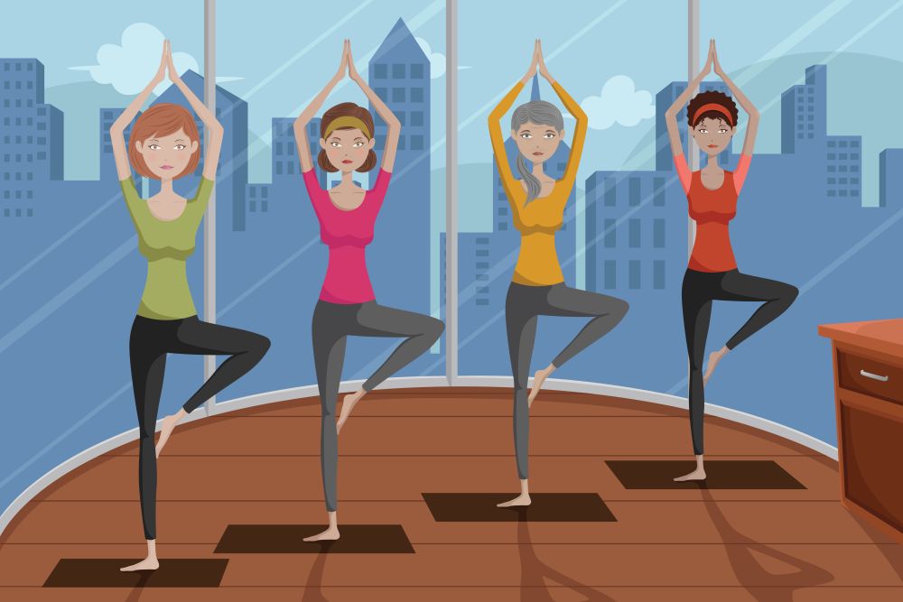 A vector illustration of group of happy women doing yoga in a studio