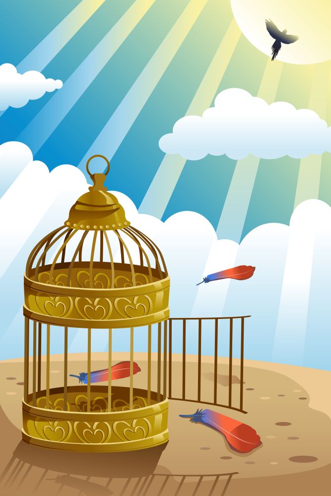 A vector illustration of releasing bird from the cage for let it go or freedom concept