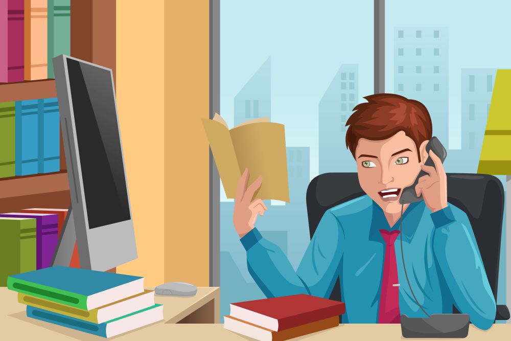 A vector illustration of handsome businessman talking on the phone in his office