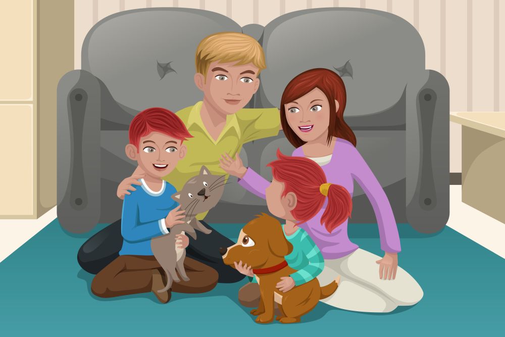 A vector illustration of happy family playing together with their pets