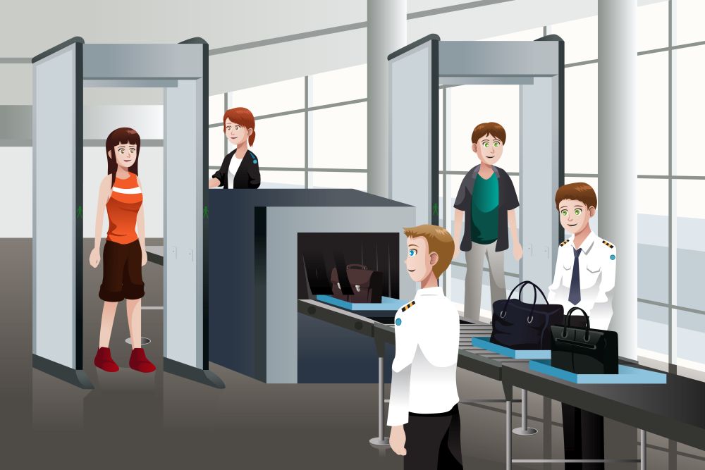 A vector illustration of passengers walking through  security check