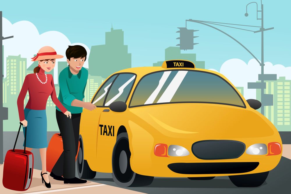 A vector illustration of couple of tourists calling a taxi cab