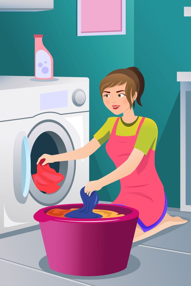 A vector illustration of a housewife doing laundry