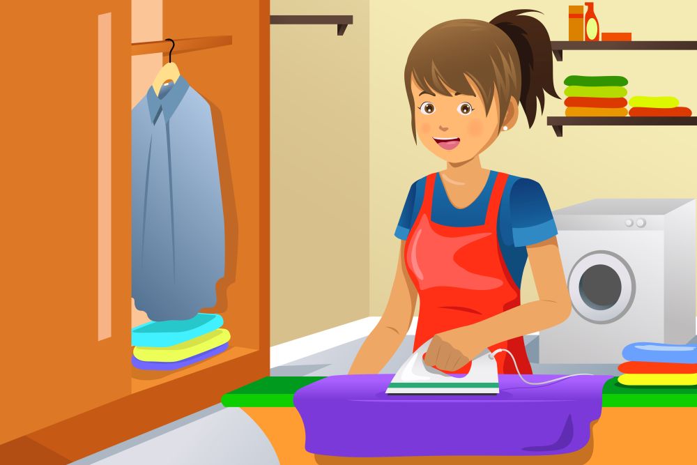 A vector illustration of a housewife ironing clothes at home