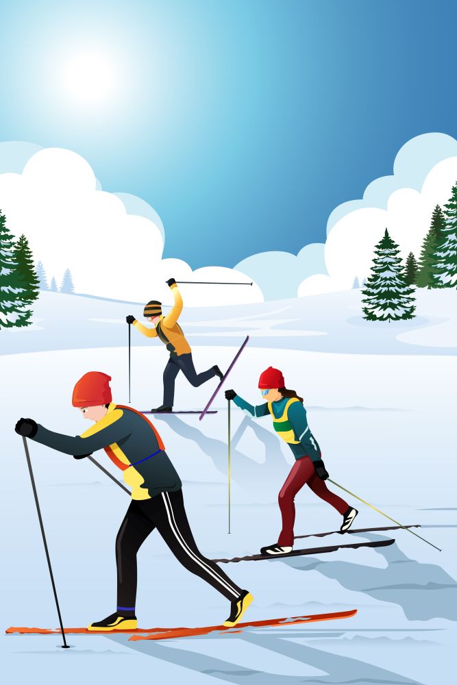 A vector illustration of skiers in the winter