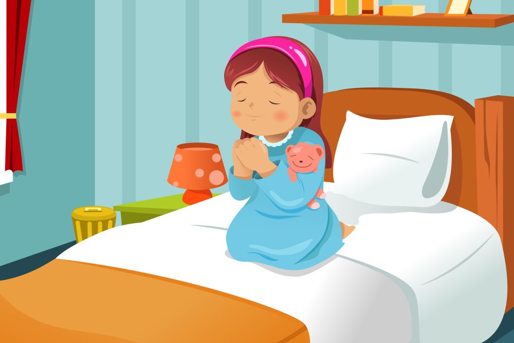 A vector illustration cute little girl praying before going to bed