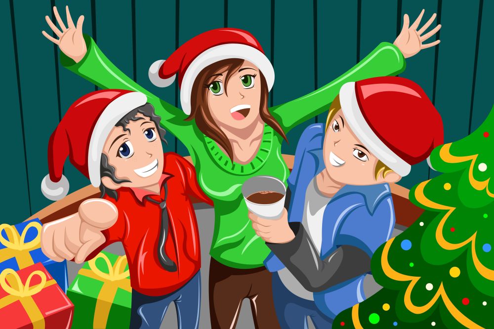 A vector illustration of happy young people having a Christmas party together
