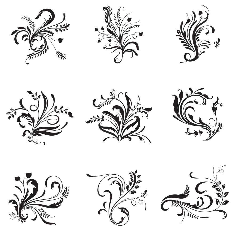 A vector illustration of flower ornaments for design elements in black and white