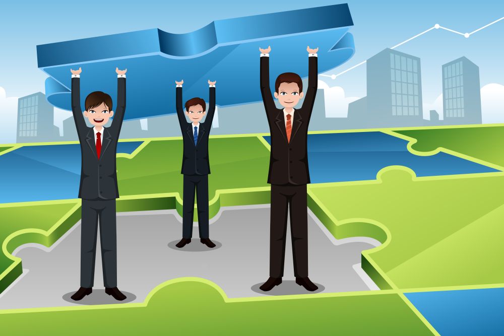 A vector illustration of businessmen carrying big puzzle together for business teamwork concept