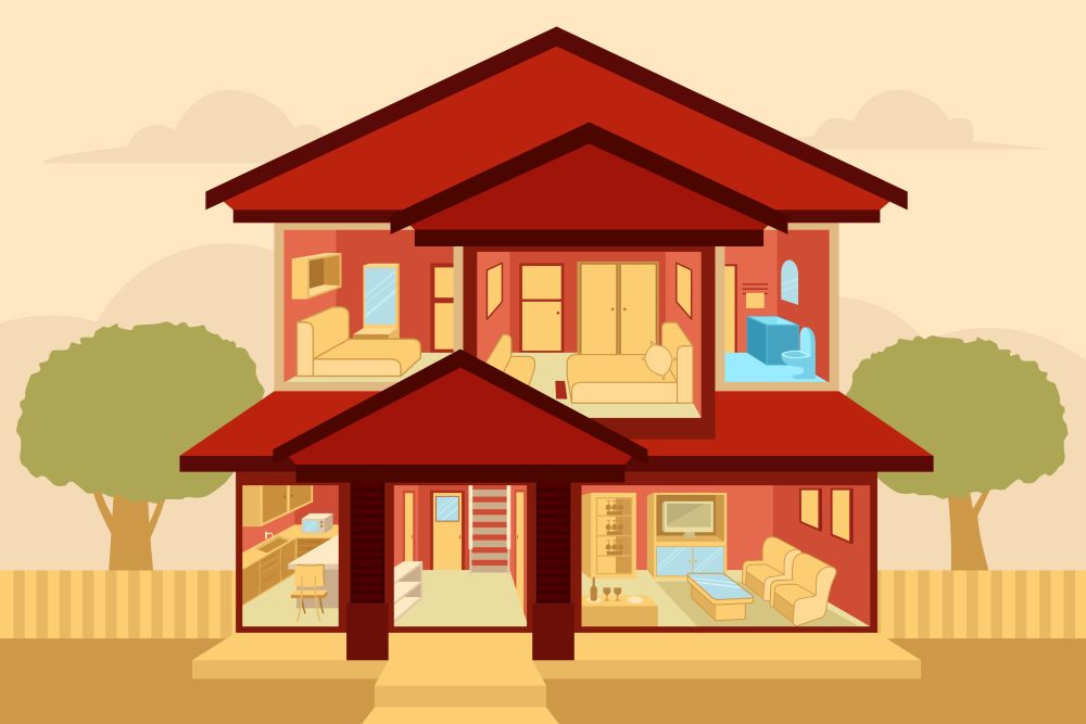 A vector illustration of  modern home interior seen from outside