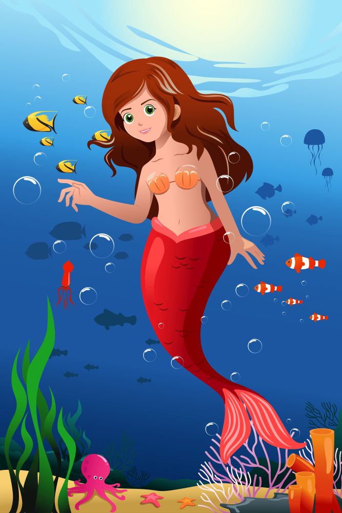 A vector illustration of little mermaid in the ocean