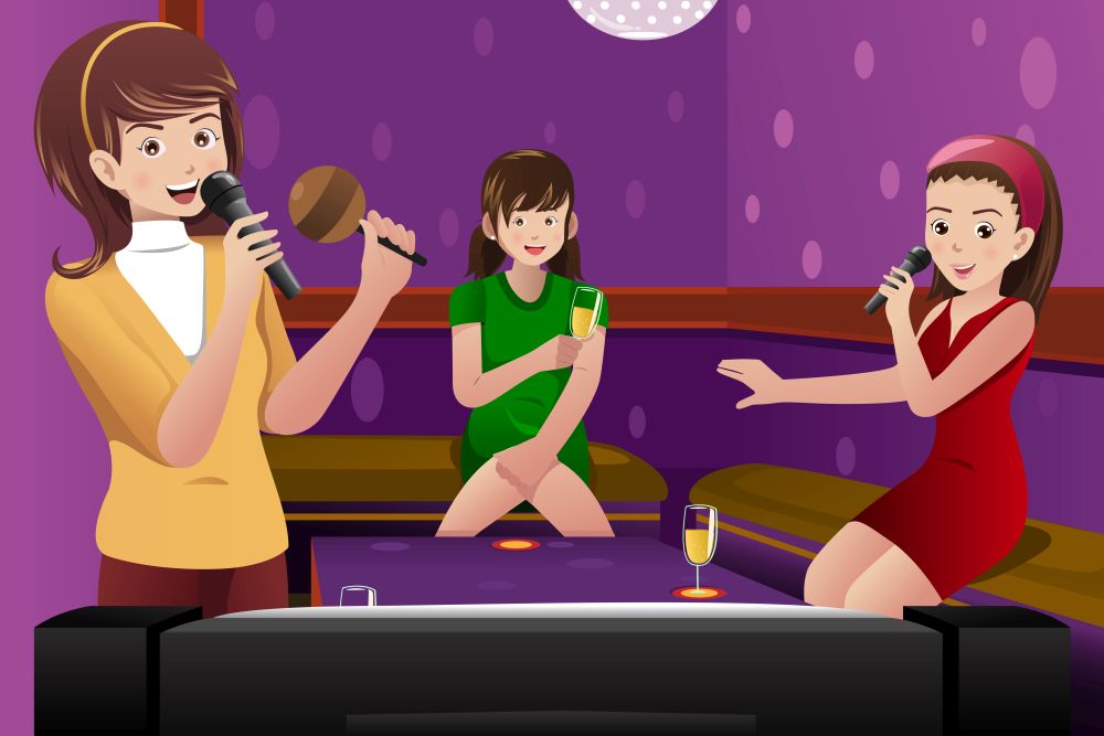 A vector illustration of happy female  friends singing karaoke