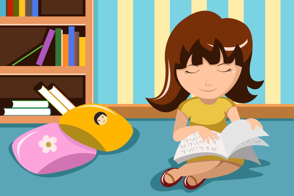 A vector illustration of blind little girl reading a book in braille