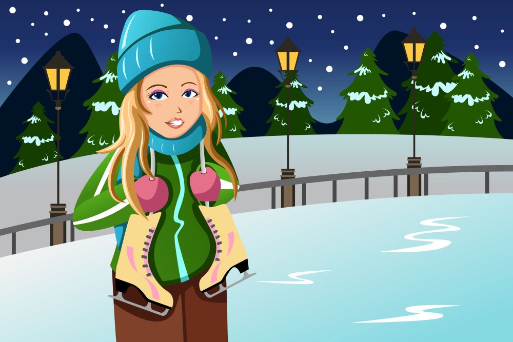 A vector illustration of beautiful winter girl with ice skates hanging around her neck