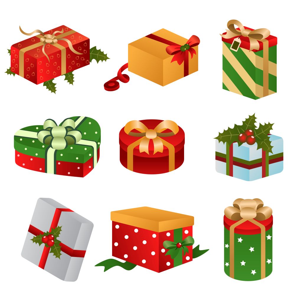 A vector illustration of different design of Christmas present boxes
