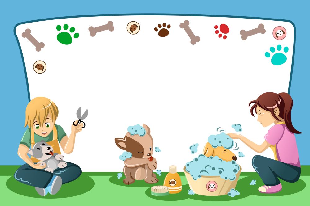 A vector illustration of pets grooming advertisement with copyspace