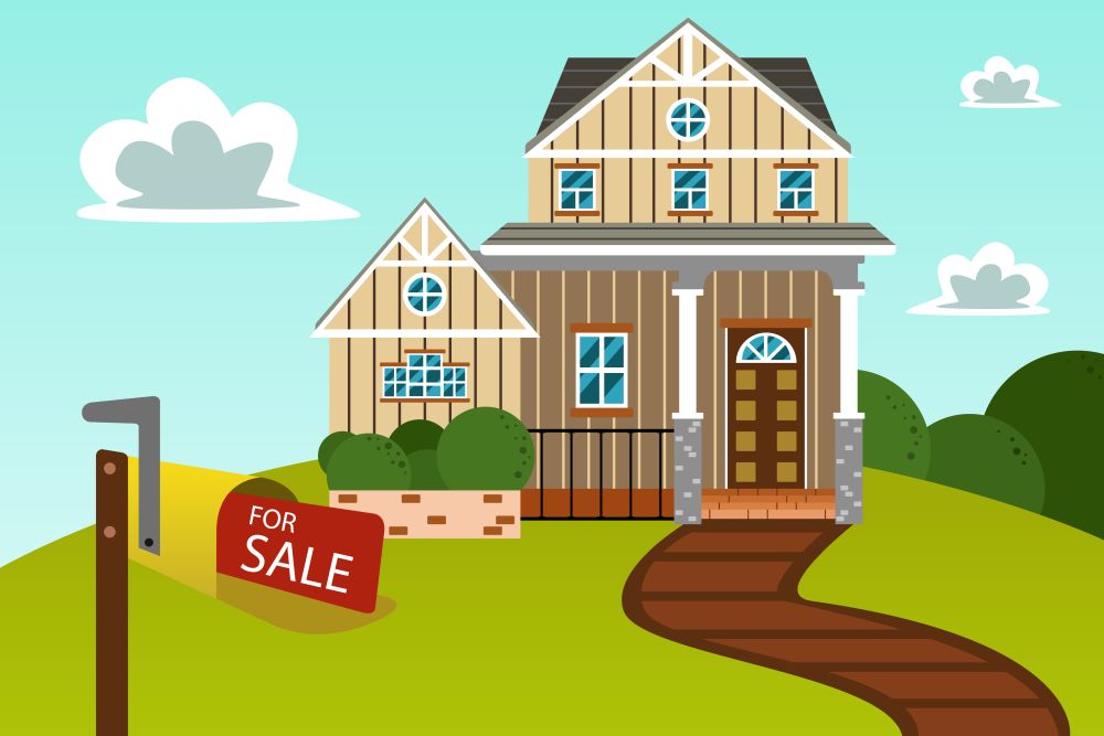 A vector illustration of big beautiful modern house with for sale sign
