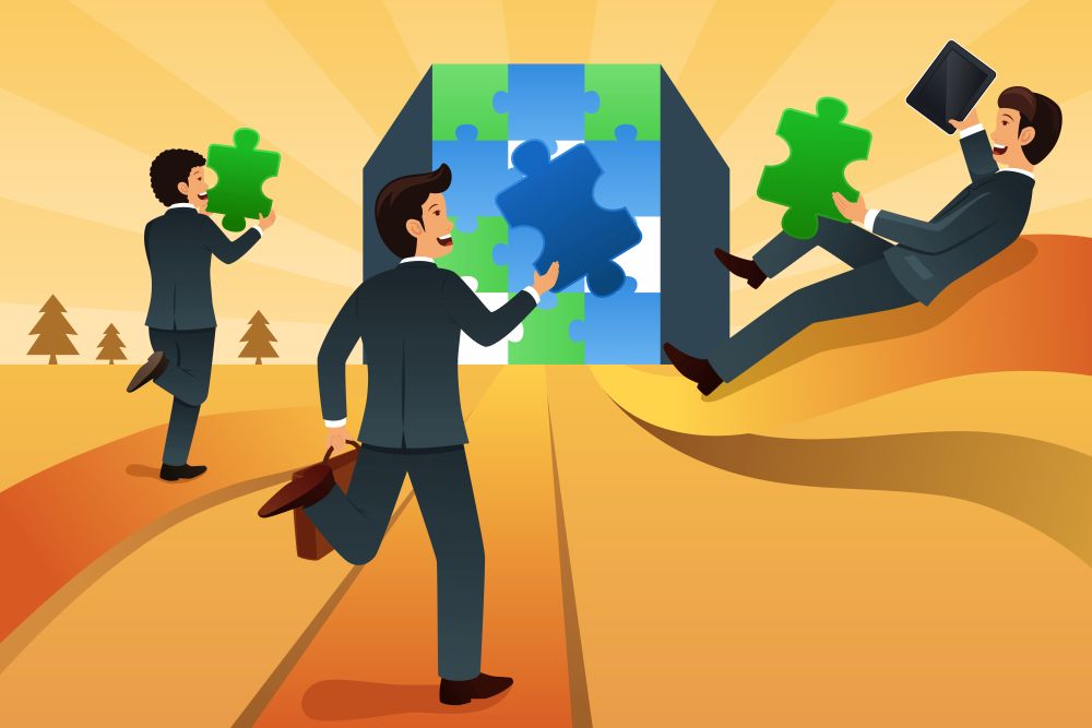 A vector illustration of businessmen making a puzzle for business teamwork concept