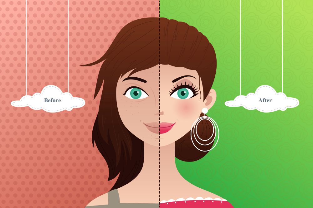 A vector  illustration of a beautiful woman before and after makeup