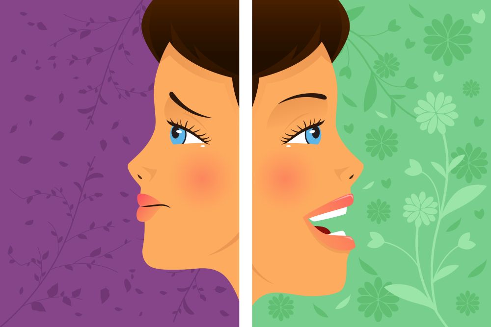 A vector  illustration of a beautiful woman before and after attitude change